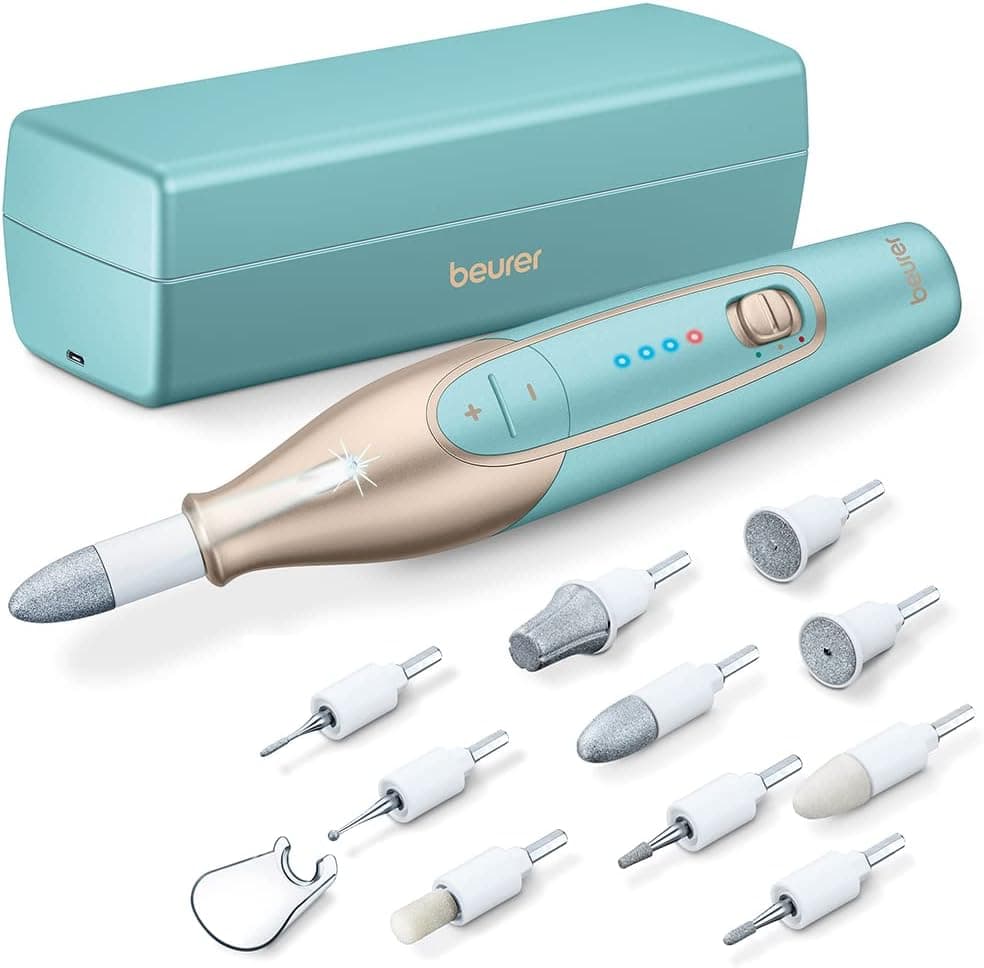 Beurer MP 84 Set de manicure/pedicure, lima de unhas elétrica com bateria recarregável, 10 acessórios, luz LED, inclui estojo, até 4400 rpm, torno de unhas para o cuidado das mãos e pés