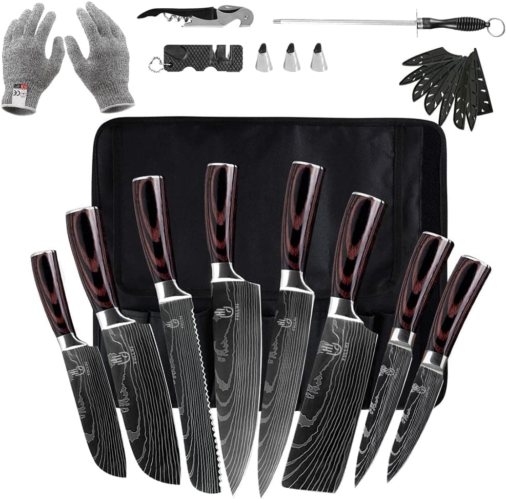 FULLHI Conjunto de facas japonesas de 14 peças, conjunto de facas de cozinha em aço inoxidável alemão