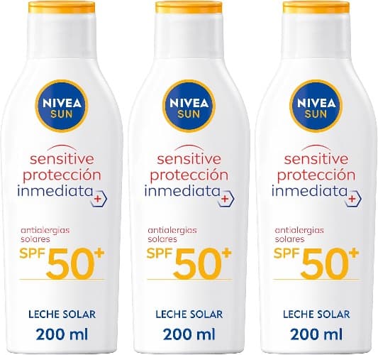 NIVEA SUN Sensitive proteção contra alergias solares solares leite solar FP 50 (1 x 200 ml), protetor solar não oleoso para pele sensível, protetor solar resistente à água x3