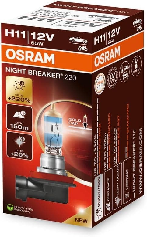 OSRAM NIGHT BREAKER 220 H11 | Lâmpada halogénea para faróis com 220 por cento mais brilho, 1 unidade
