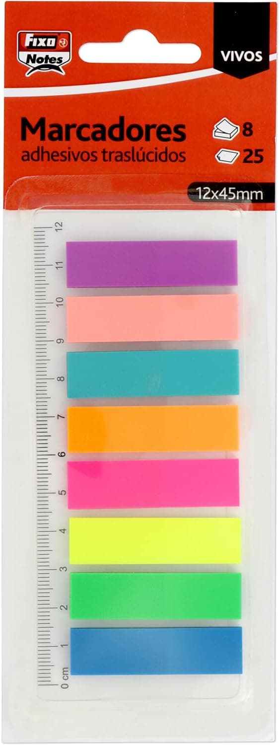 Fixo Notes, 200 marcadores adesivos cores sortidos com régua de 12 cm, PET traseiro, tamanho 12 x 45 mm, pode escrever com lápis e boli, resistente à água, material escolar perfeito