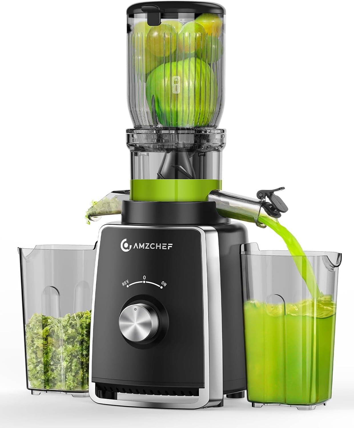 AMZCHEF Liquidificadora com 2 filtros patenteados que não se obstruem para frutas e legumes macios e duros, extrator de sumos e legumes de 250 W e 103 mm de grande abertura para fruta inteira - preto