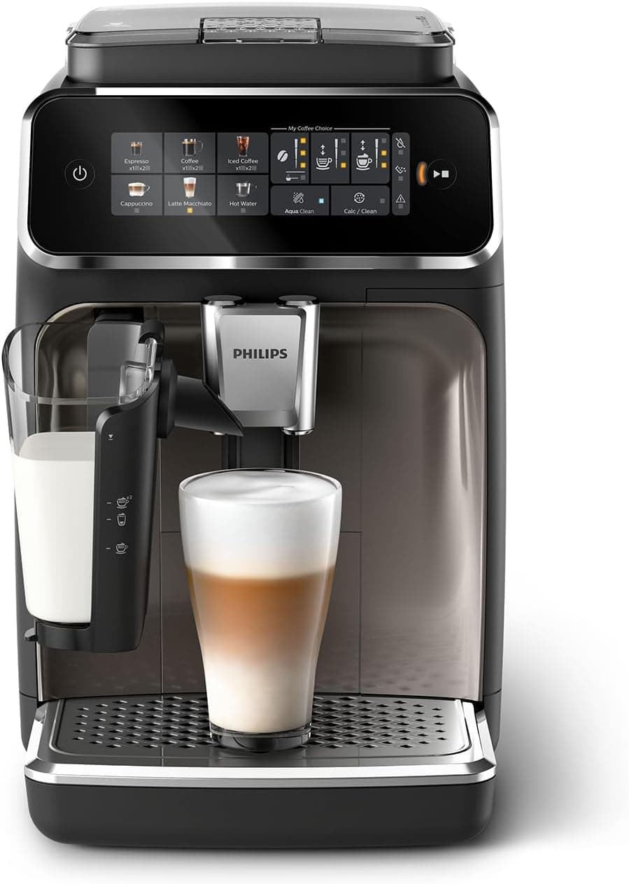 Philips Série 3300 Cafeteira super automática - sistema de leite LatteGo, 6 tipos de café, ecrã tátil, SilentBrew, moinho cerâmico, filtro AquaClean, cromado preto (EP3347/90)