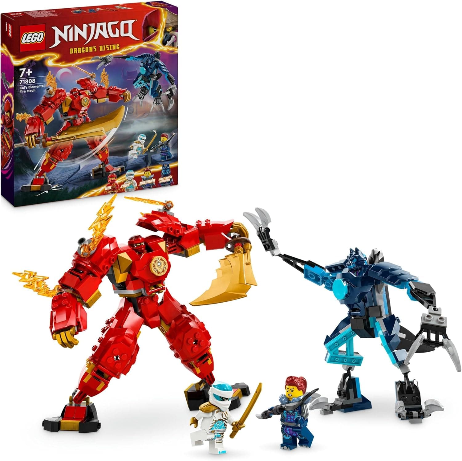 LEGO Ninjago Meca Elemental do fogo de Kai, figura vermelha de ação articulada e minifigura de Zane e 3 personagens para o jogo de batalha ninja, presente para meninos e meninas de 7 anos ou mais