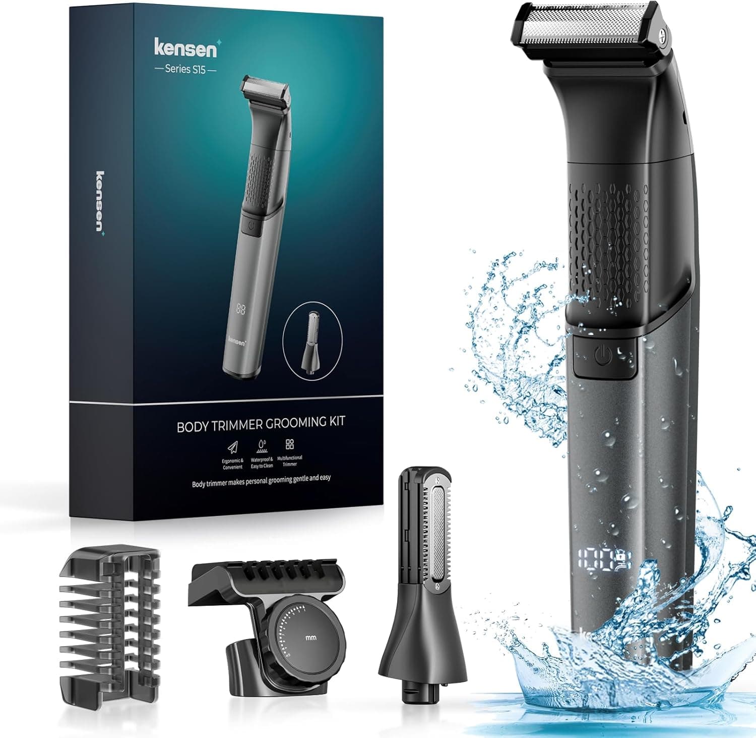 Máquina de barbear corporal masculina 2 em 1, Kensen IPX6 impermeável depiladora corporal homem para barba, axilas, peito, pernas e genitais com ecrã LED, pente limite ajustável (1-10 mm)