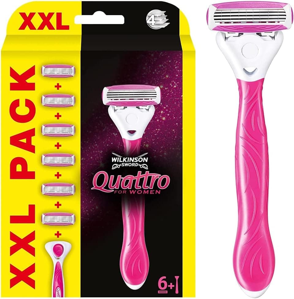 Wilkinson Sword - Quattro For Women [Pack XXL] Inclui: 1 Máquina de depilação mulher 6 peças de lâminas de 4 folhas com faixas de lubrificante de aloé vera e vitamina E