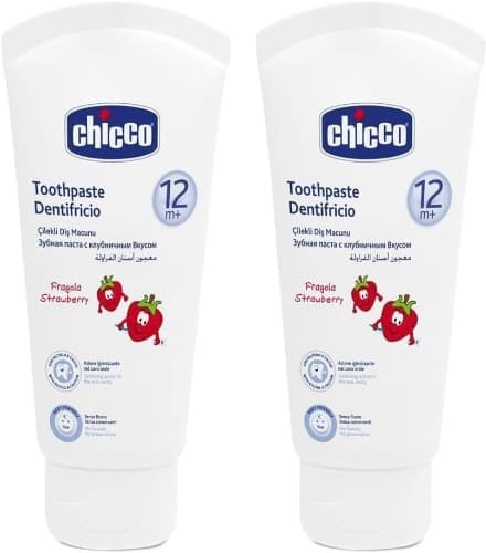 Chicco 0000232110000 pasta de dentes, sabor morango, sem flúor e cálcio biológico, 12 M +, branco, 2 unidades
