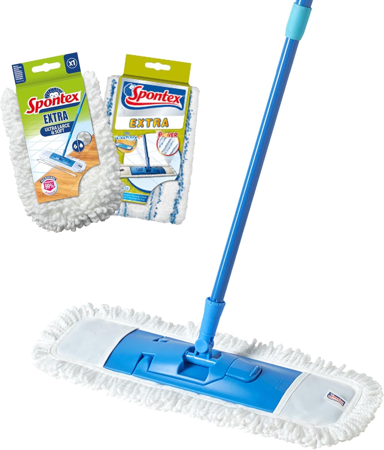 Spontex Extra, roupa extraplana, roupa versátil de microfibras para superfícies secas e húmidas, comprimento ajustável (80 - 140 cm), limpa pisos laminados, de madeira e azulejos, 2 peças