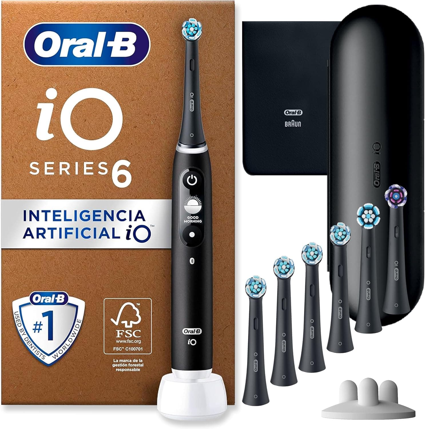 Oral-B iO 6N Escova de dentes elétrica preta com estojo de viagem 7 cabeças de substituição pretas oral - B iO