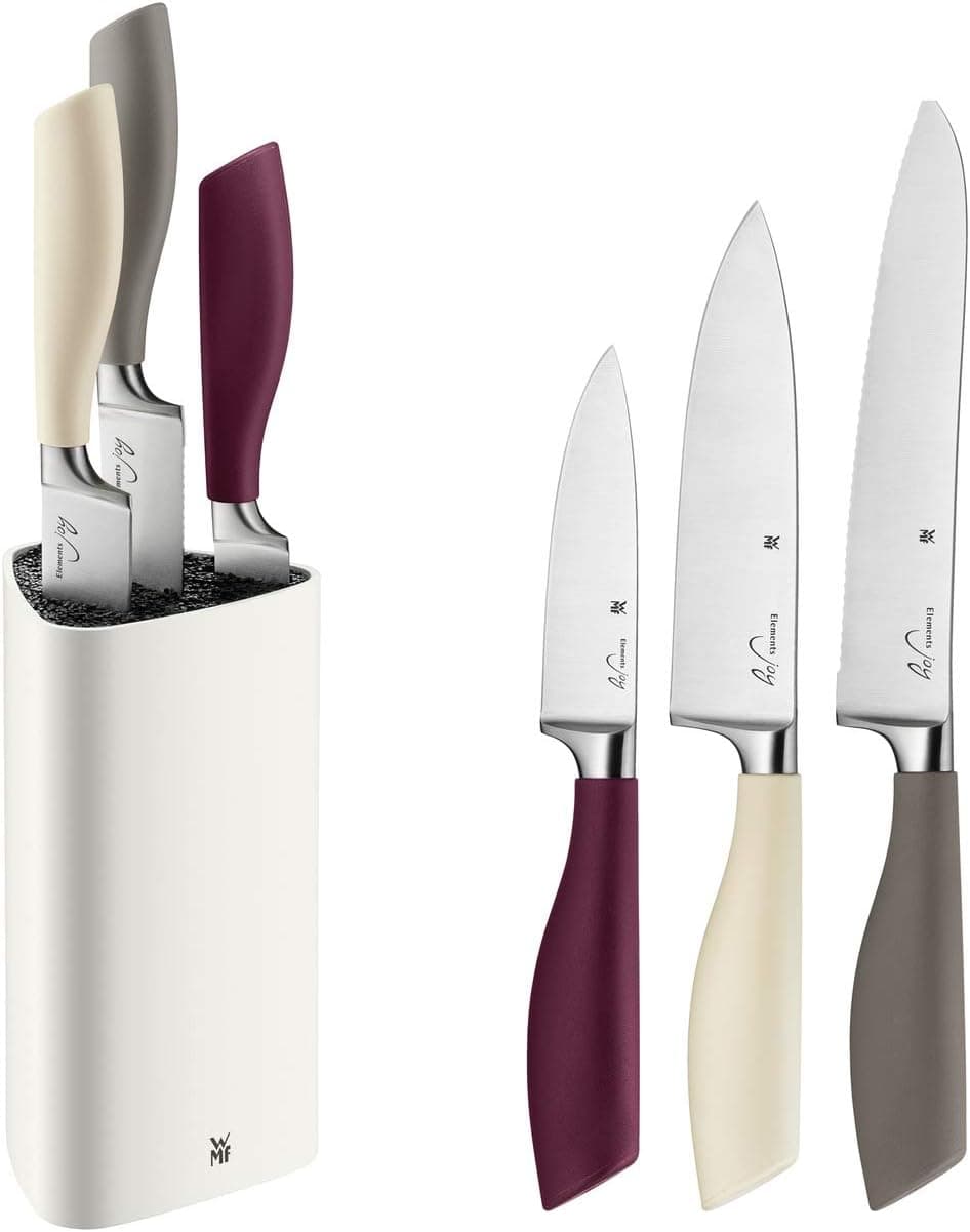 WMF Elements Joy Conjunto de 4 peças, 3 facas com lâmina de aço especial de fio reto e com bloco de facas com escova de plástico