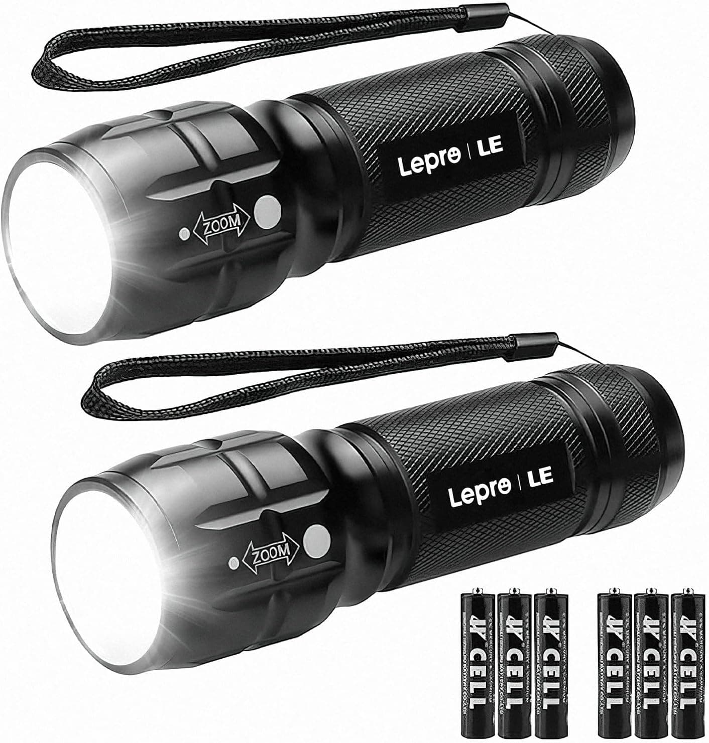Lepro Lanterna LED de alta potência LE1000, lanterna LED portátil com zoom, IPX4 impermeável lanterna tática militar para ciclismo, campismo, caminhadas, etc. 3 AAA pilhas incluídas, 2 unidades