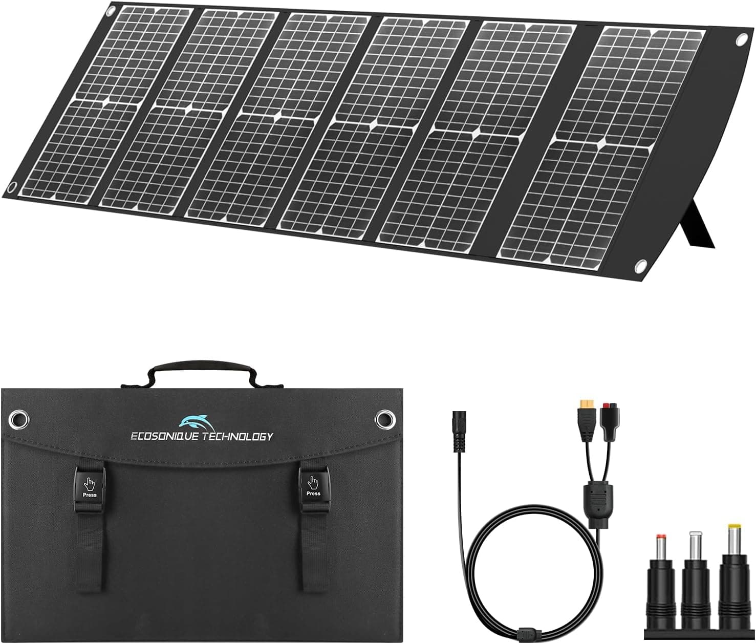 Ecosonique - Carregador de painel solar portátil dobrável de 100 W, carregamento rápido com USB-C PD3.0 USB-A QC3.0 DC 20 V, peso leve com suporte para campismo, geradores solares, telemóveis