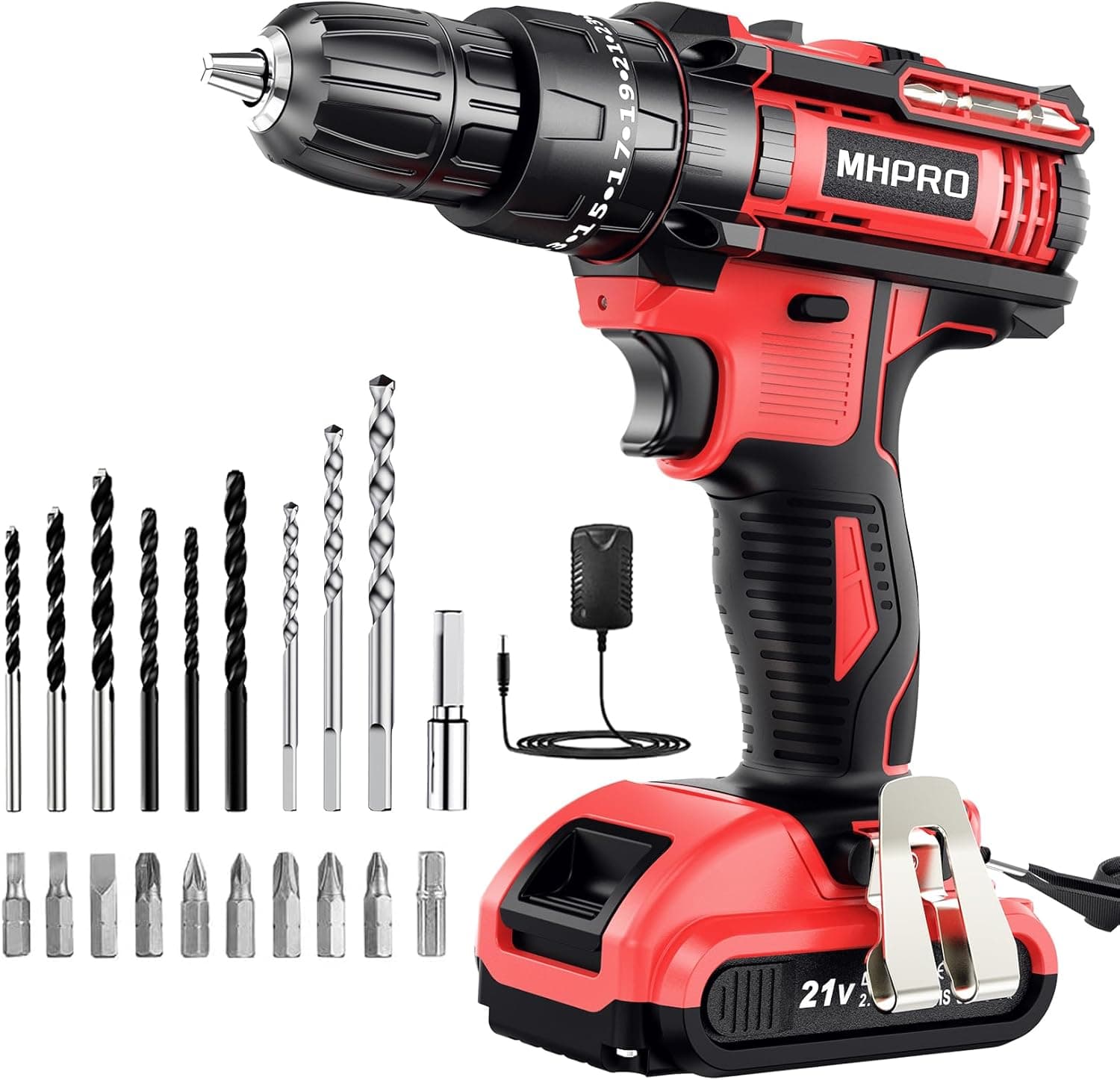 MHPRO Broca Percutor a bateria 21 V, broca parafuso com bateria 2,0 Ah, parafuso elétrico com 42 Nm, ajuste de par de 25 + 3, 23 acessórios, 2 velocidades, luz LED para casa, bricolage