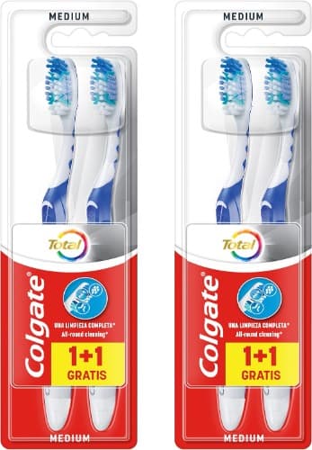 COLGATE Total escova de dentes com dureza média, limpeza completa e profunda, elimina a placa, limpador de língua e bochechas, 2 unidades x 2