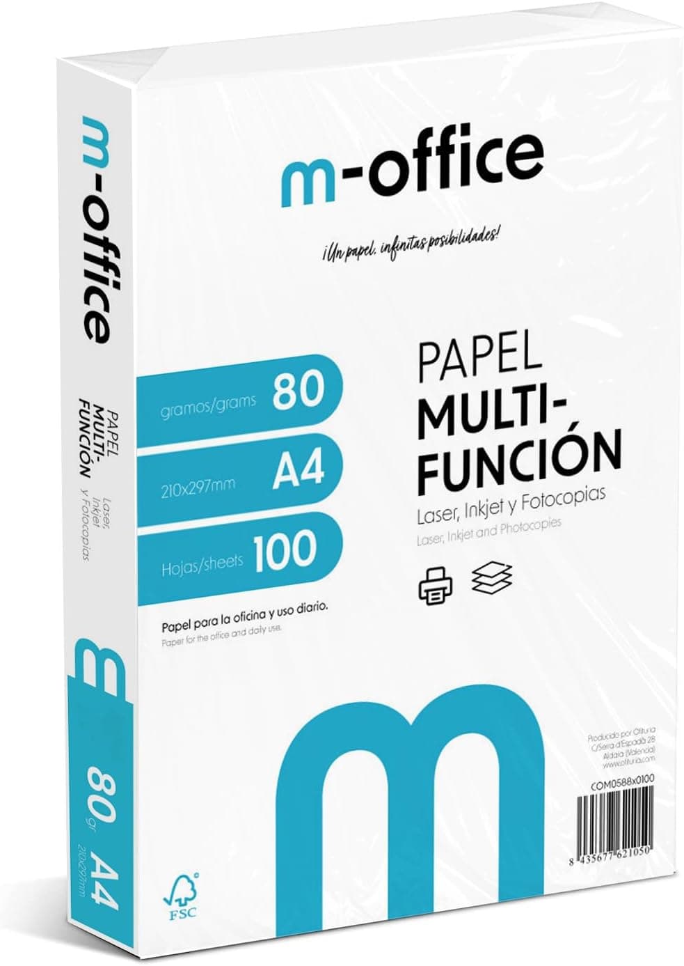 Pacote Folios A4, 80 g, embalagem de 100 folhas, papel multifuncional para impressora Inkjet e laser, folhas A4, 210 x 297 mm, ideais para o escritório e para casa, m-office (100 folhas)