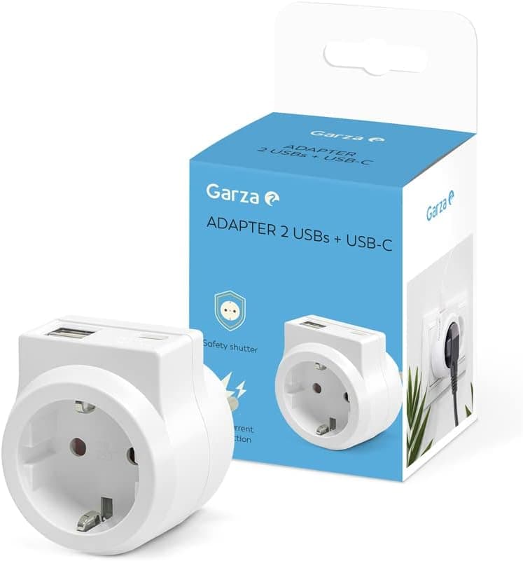 Garza - Adaptador de tomada com 1 tomada Schuko 2 portas USB 1 porta USB C, proteção infantil, branco