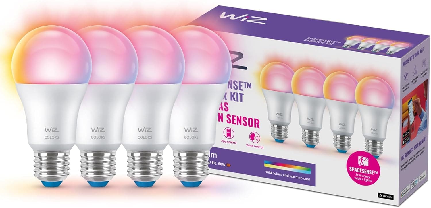 WiZ - Lâmpada LED inteligente, casquilho E27 7W (Eq.60) 806 lúmen, luz branca e colorida, compatível com Alexa, Google Home, tecnologia SpaceSense e Matter - conjunto de 4