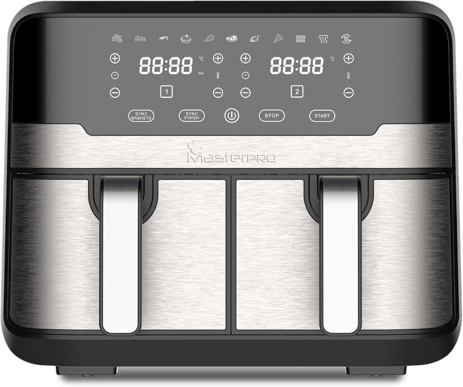 MasterPro Rocket Duo 900 Frigideira sem óleo duplo | cor preta, capacidade de 9 l e 2400 W, ecrã LED tátil e cesto anti-aderente, Fritadeira de ar, 11 funções diferentes em 1, clássico