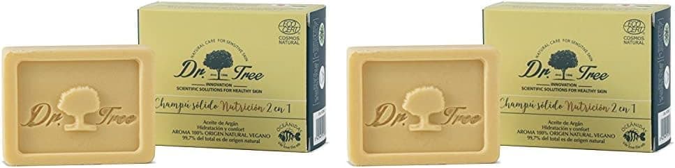 Dr. Tree Shampoo sólido 2 em 1 nutrição, champô condicionador ecológico, cabelo danificado e quebradiço, sem sulfatos SLE, SLS, sem parabenos, sem silicone, ingredientes naturais, ecocert