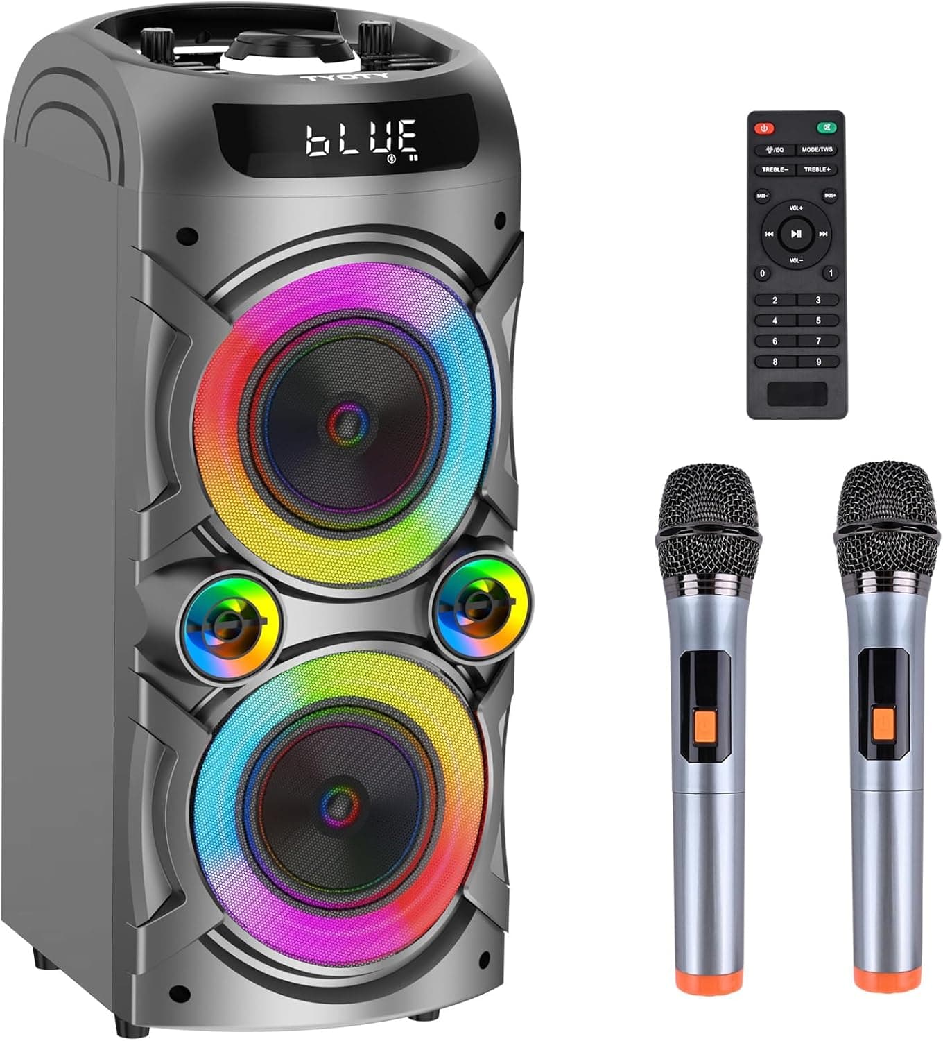 Máquina de karaoke com 2 microfones sem fio, sistema PA portátil grande altifalante Bluetooth com luzes LED, suporte controlo remoto ajuste de graves/agudos, cartão TF/USB