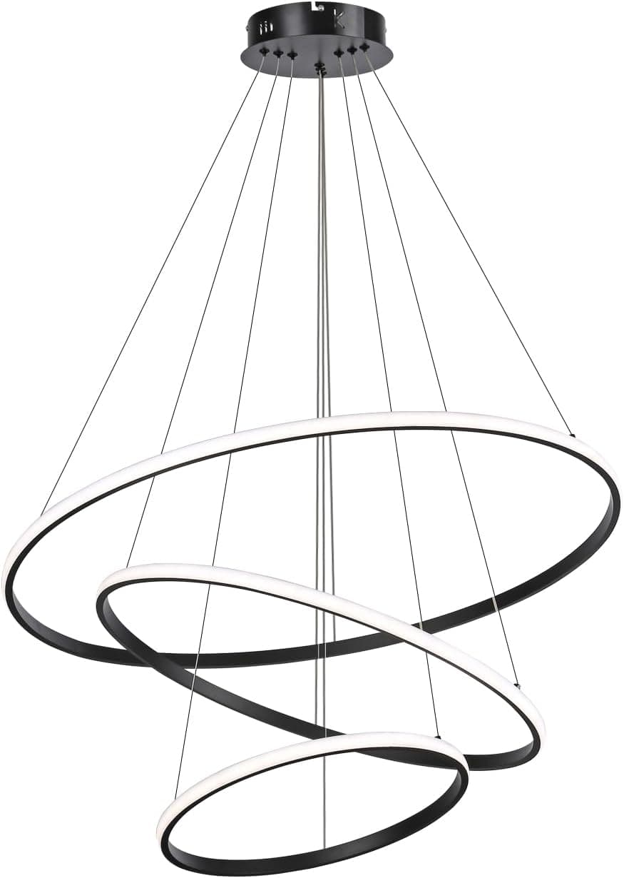 Iluminação pendente LED para sala de estar, acessório de iluminação pendente acrílico regulável de 3 anéis, ilha de cozinha preta para teto, sala de estar, quarto, hall de entrada 40 + 60 + 80 M