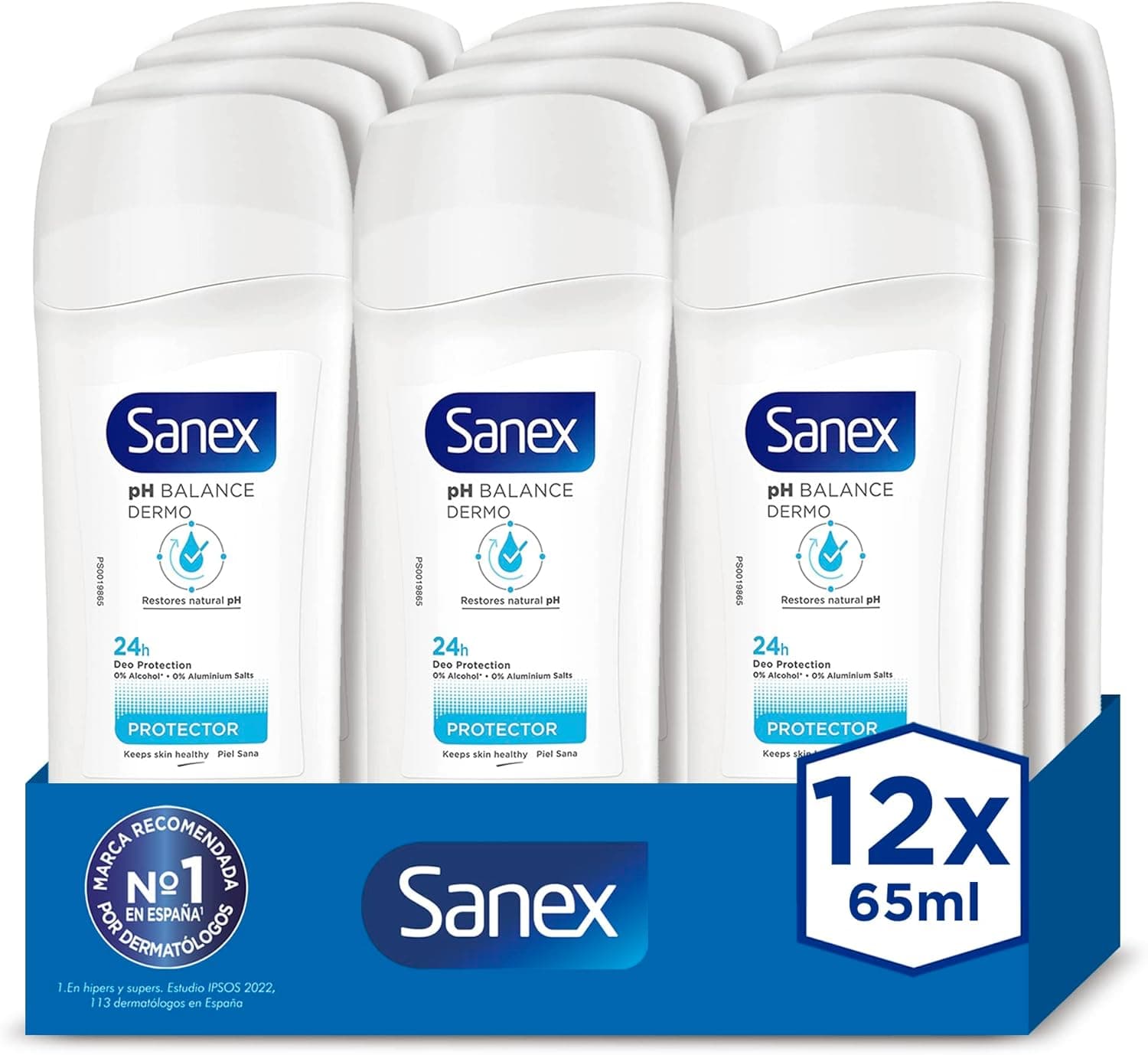 Sanex Dermo Protetor desodorizante Stick para mulheres e homens, pack de 12 unidades x 65 ml, até 24H de proteção contra odores, restaura o pH natural da pele, dermatologicamente testada