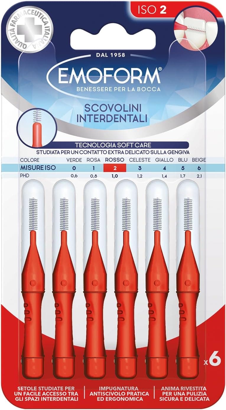 Escova interdental Emoform vermelha de 6 unidades com tecnologia SoftCare para contacto extra suave nas gengivas graças às cerdas macias. Cabo antiderrapante com capuz para higiene bucal