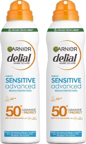 Garnier Delial Sensitive Advanced – Bruma solar SPF 50+ para peles claras, sensíveis e intolerantes. Resistente à água, não oleosa, não pegajosa. 200150 ml x2