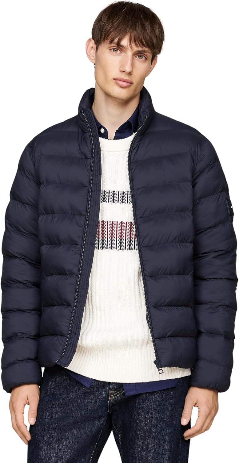 Tommy Hilfiger Casaco acolchoado para homem Mid Weight Stand colar 