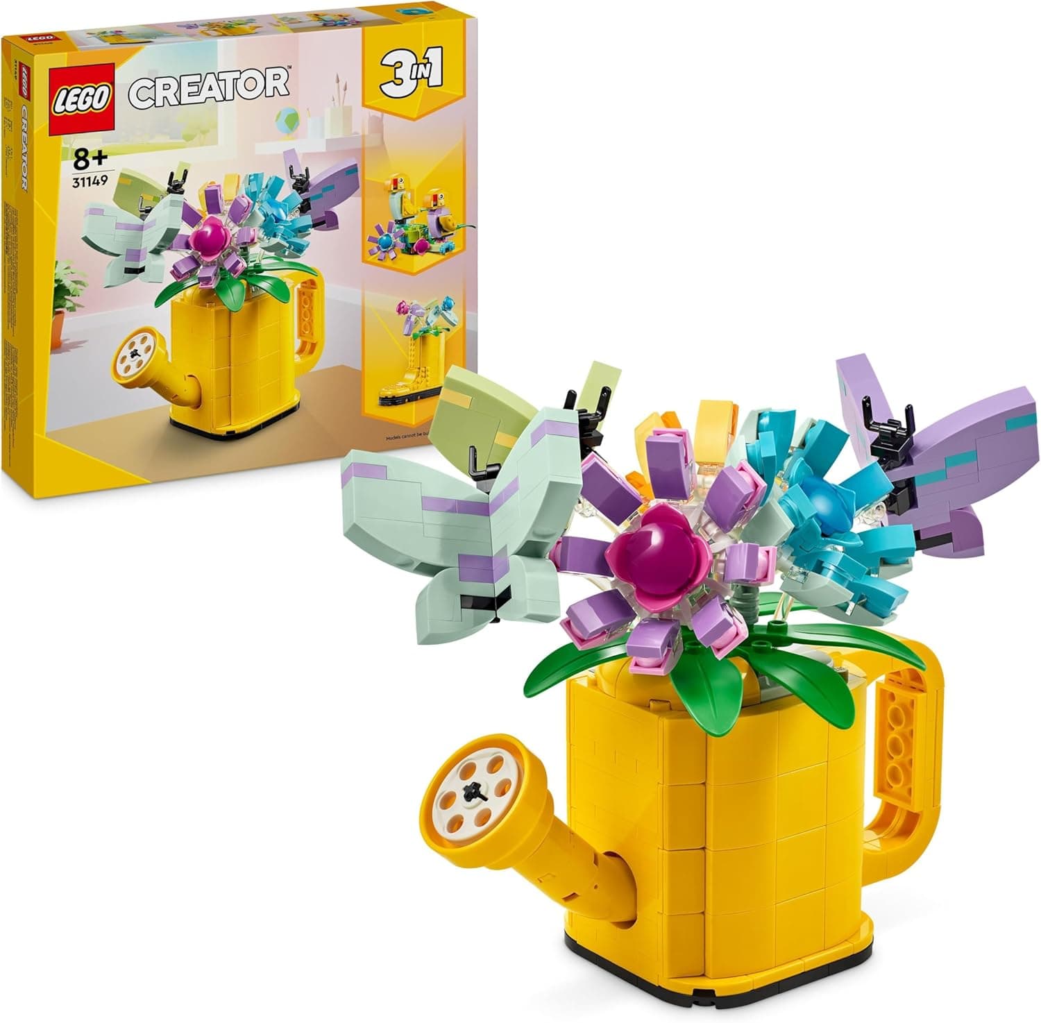 LEGO Creator 3 em 1 flores no regador, descapotável em bota de água ou 2 pássaros de brinquedo pousados num cabide, jogo criativo com animais de presente para meninas e meninos de 8 anos ou mais 31149