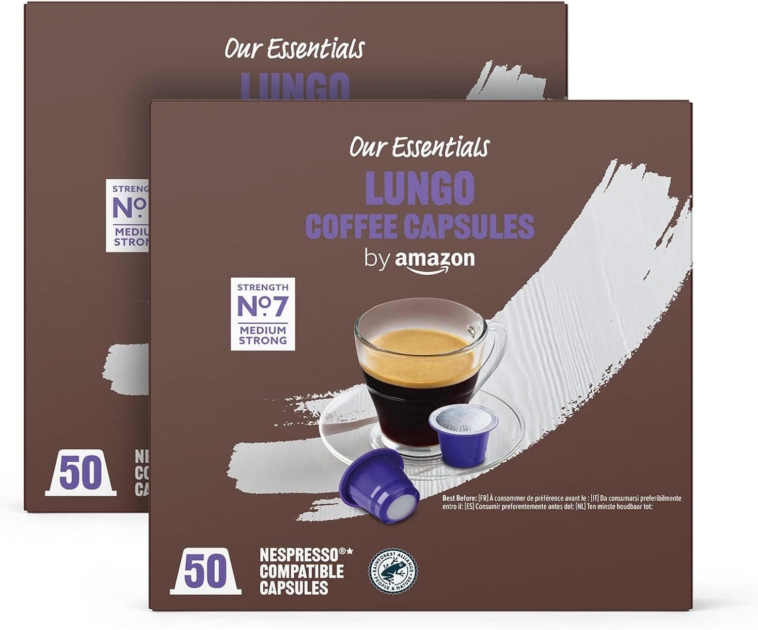 by Amazon Lungo Cápsulas de café compatibles con Nespresso, Tueste Medio, 50 unidad, Paquete de 2 - Certificado Rainforest Alliance