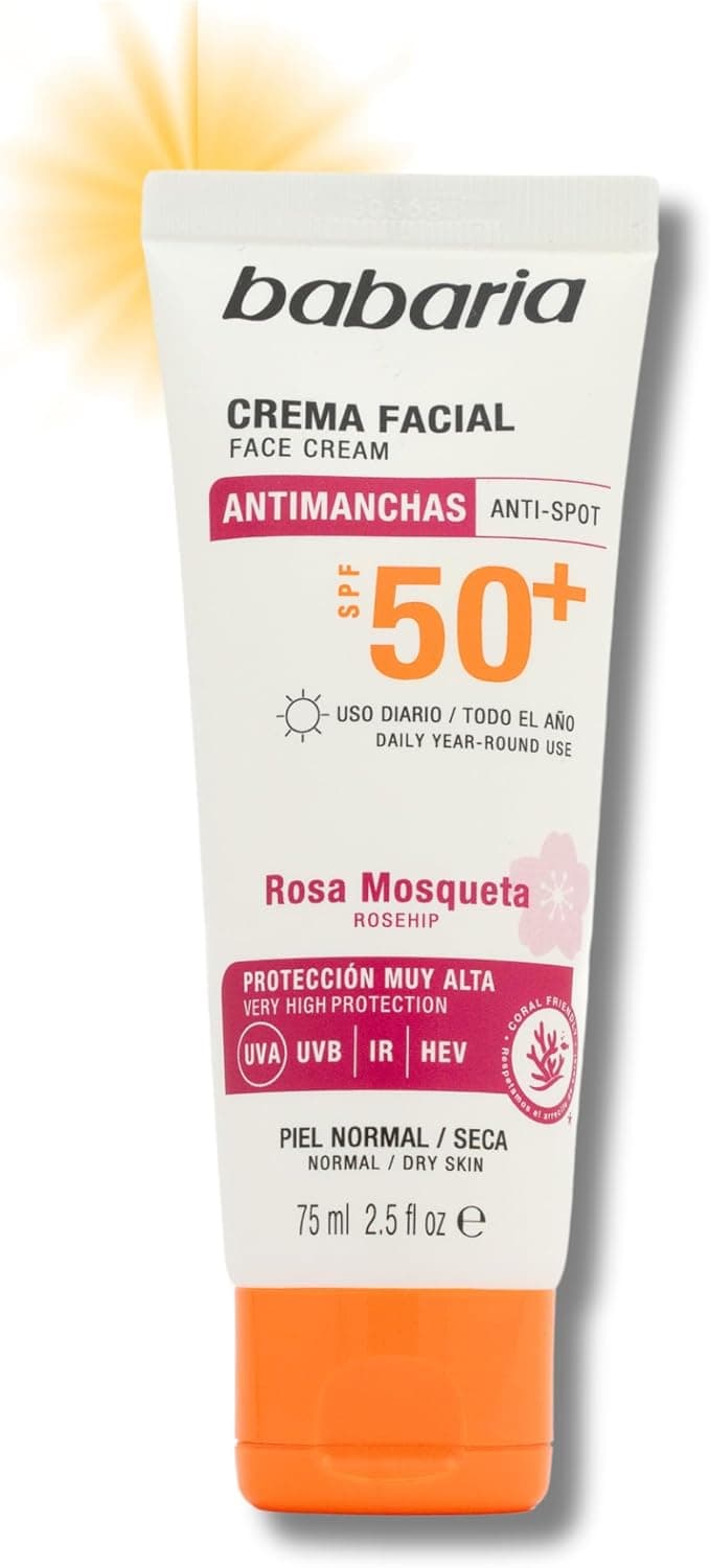 Babaria - Protetor solar SPF 50 facial antimanchas, 75 ml, creme solar 50 facial anti-oxidante, bloqueador solar, vegano, coral Friendly | biodegradável