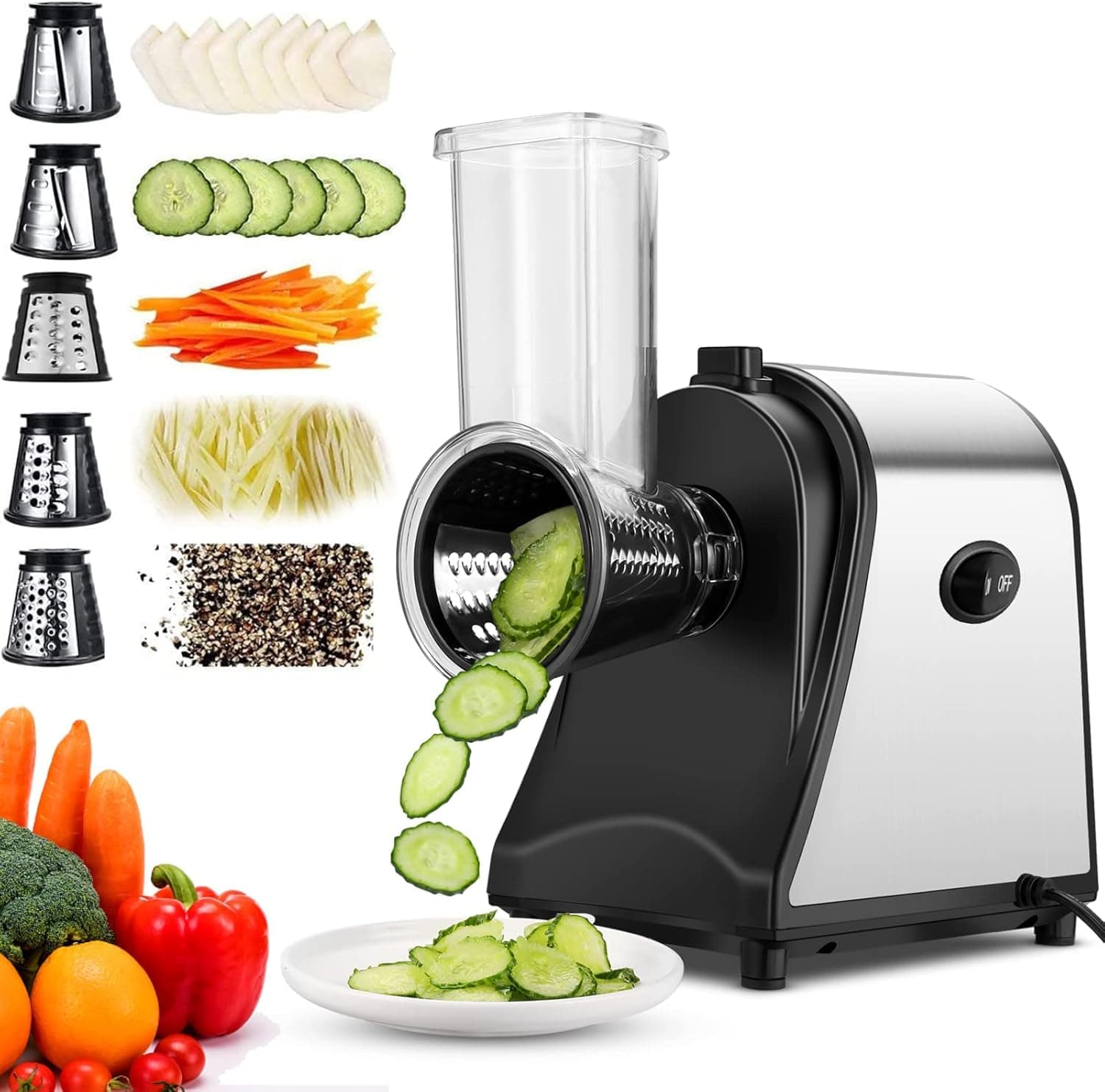 Meykey Cortador elétrico de legumes em aço inoxidável, 250 W Ralador elétrico de legumes e frutas, 5 lâminas cónicas