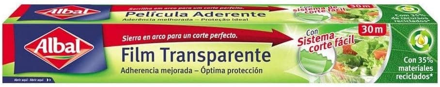 Albal Filme transparente auto-aderente - Papel película alimentar de corte fácil, papel de cozinha transparente extra largo para todos os tipos de recipientes, com 70% materiais reciclados, 30 m