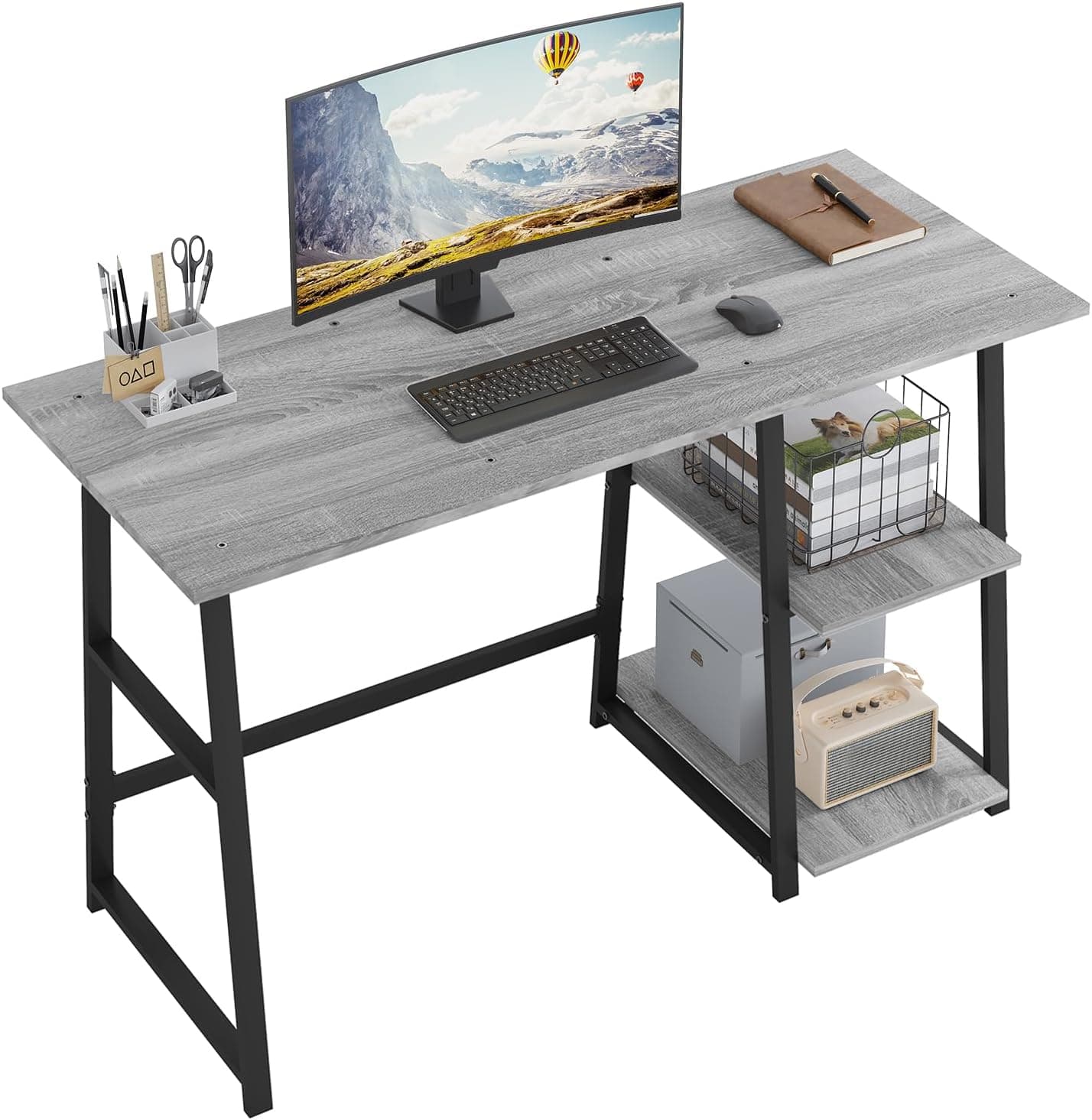 eSituro Mesa de computador, mesa de trabalho com estante lateral de 2 níveis, mesa de escritório de escritório, estrutura de metal, para escritório e estúdio, cinzento preto, 120 x 50 x 73 cm