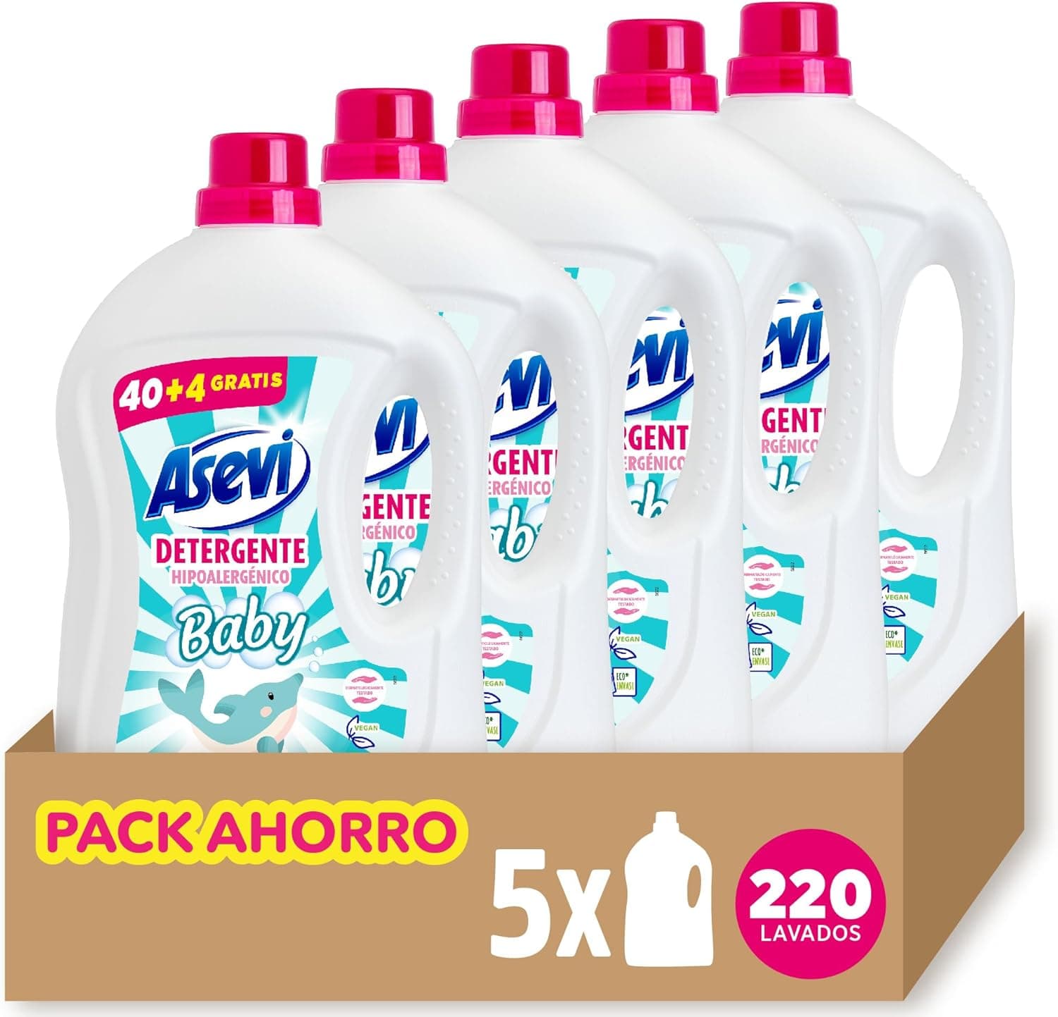 Asevi Detergente líquido para máquina de lavar Baby - detergente delicado hipoalergénico especial para peles sensíveis - livre de corantes e alérgenos - pack 5 - 220 lavagens
