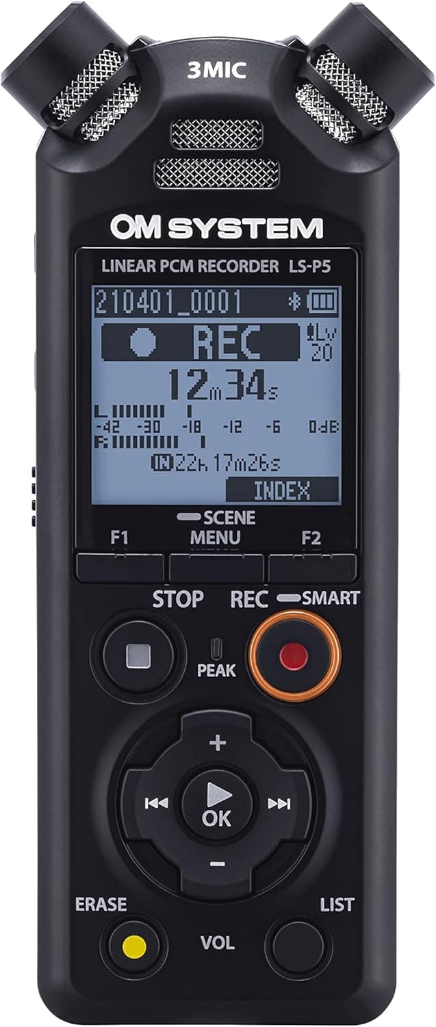 OM SYSTEM Gravador de áudio de alta resolução LS-P5, com sistema de 3 microfones Tresmic II, controlo direcional amplo, bluetooth para auriculares e smartphones. 16 GB, 37 h bateria, USB2.0 B