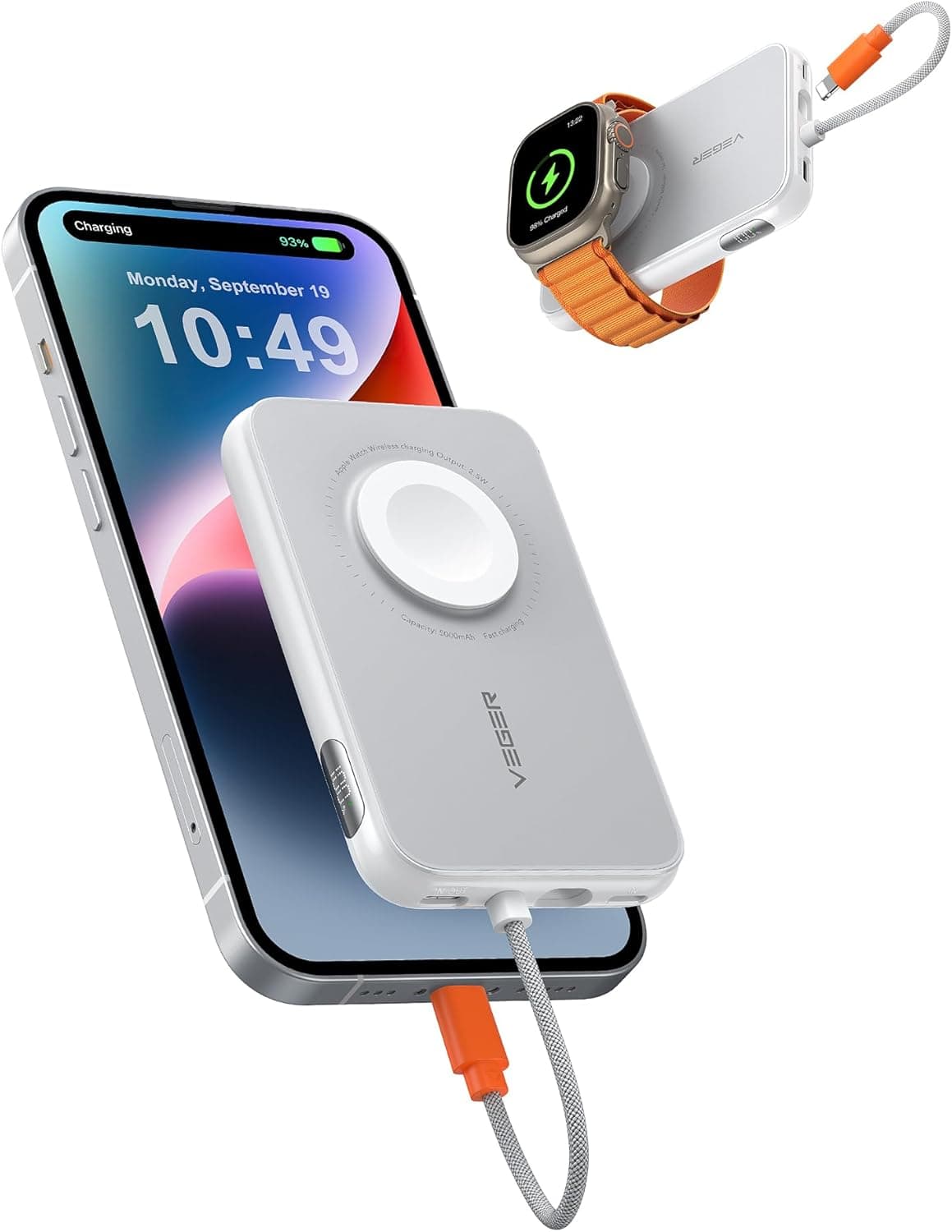 VEGER Carregador portátil para iPhone com cabo integrado, bateria de 5000 mAh, carregador rápido PD de 20 W, essencial de viagem compatível com iPhone 14/13/12/Pro Max, Andorid, Apple Watch, branco