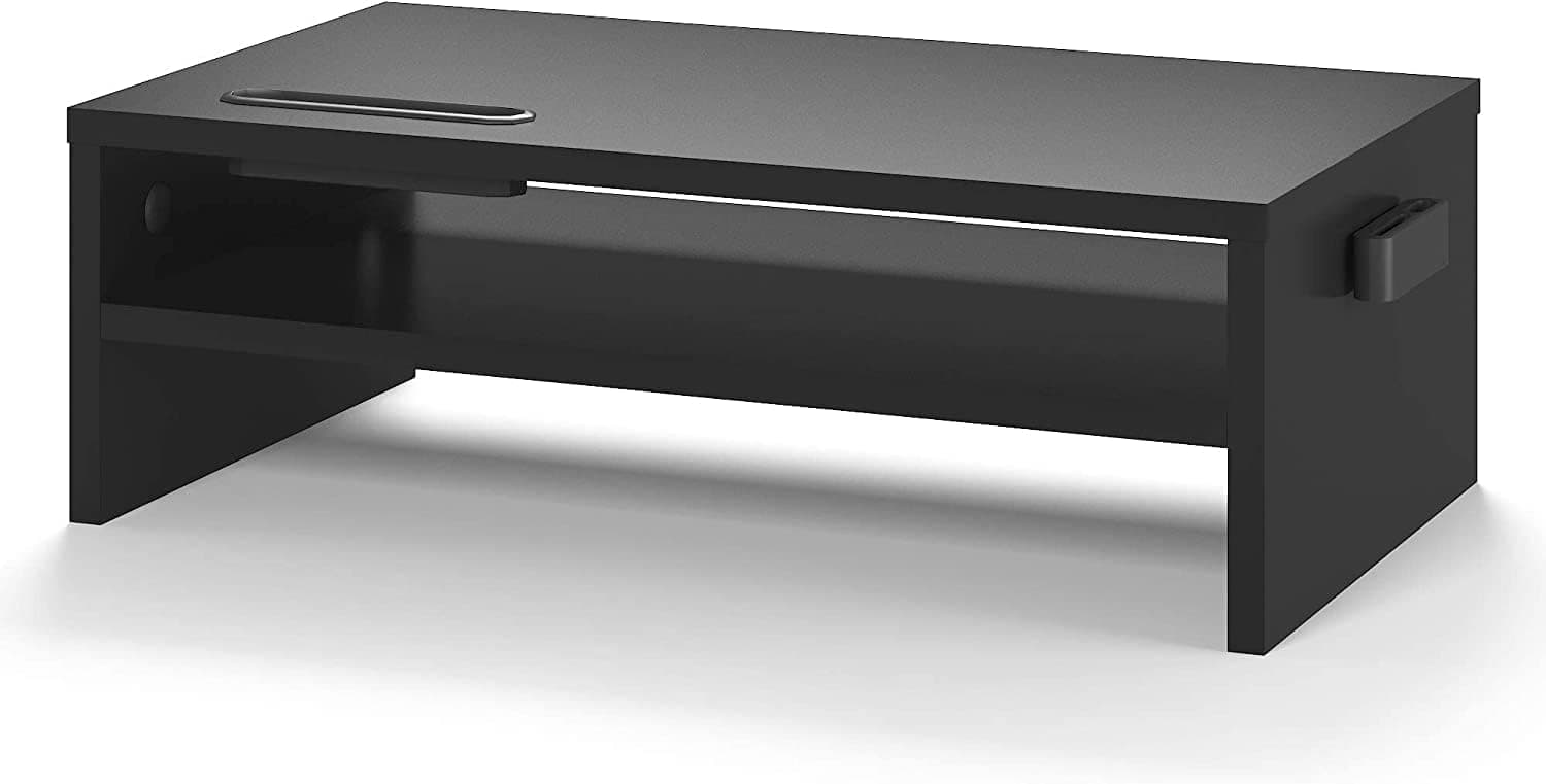 BONTEC Suporte monitor mesa elevador monitor suporte monitor computador 2 níveis preto, W420 x D235 x H142 mm com suporte para smartphone e gestão de cabos