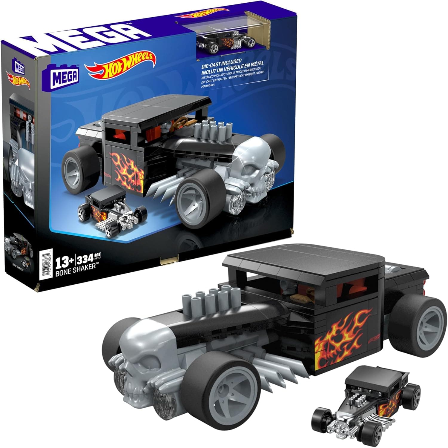 Mega Hot Wheels Bone Shaker Carro de brinquedo de 334 blocos de construção, inclui veículo Die-Cast, + 13 anos (Mattel HRY17)