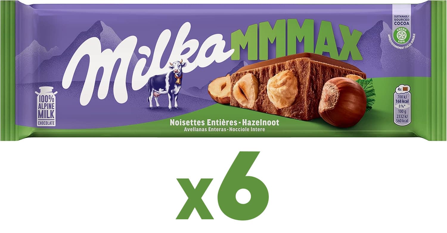 Milka MMMAX Tablete de Chocolate de Leite com Avelãs Inteiras, pack de 6
