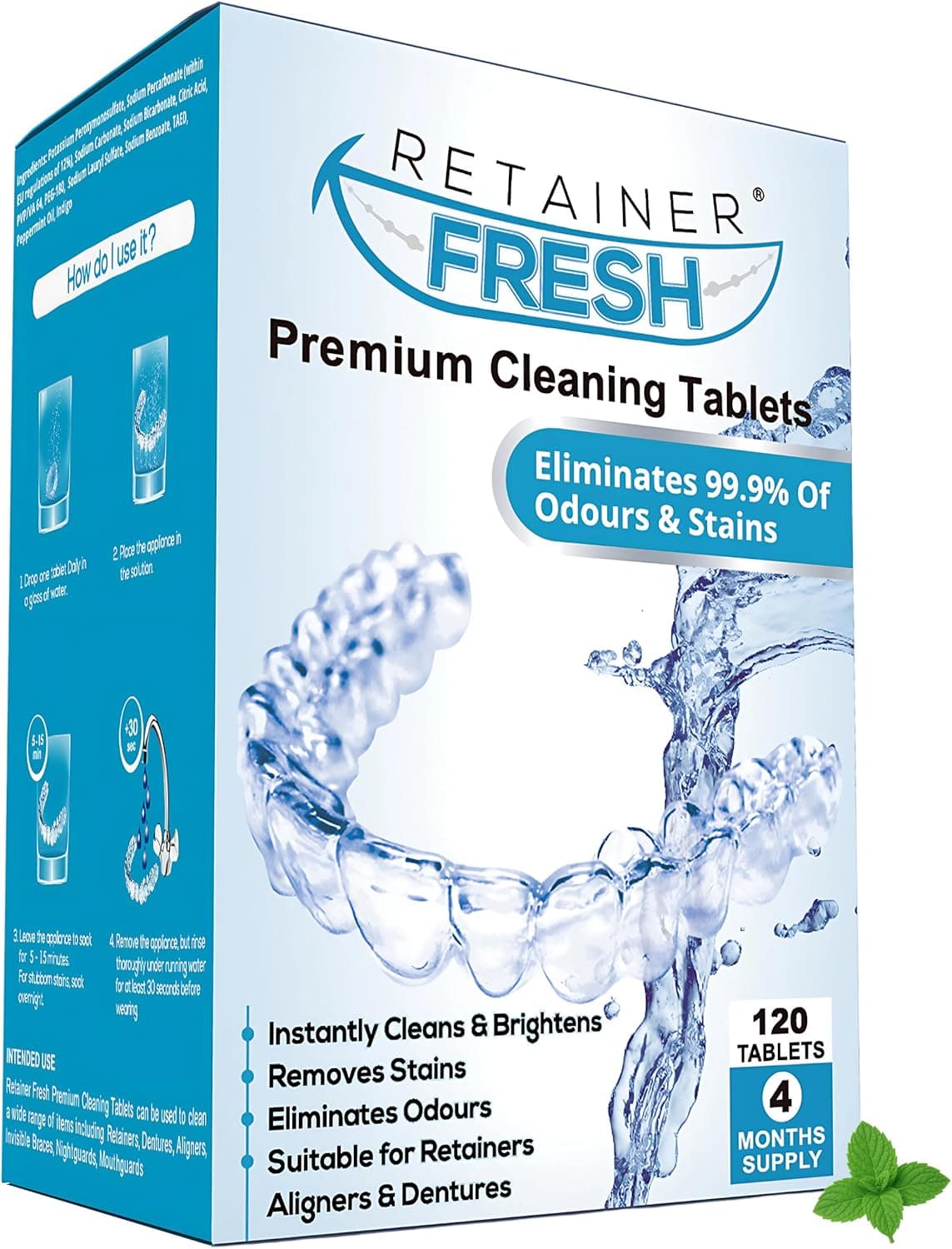 Comprimidos de limpeza de retentores - 120 comprimidos Retainer Fresh mantém os retentores, alinhadores e protetores bucais limpos, frescos e sem manchas