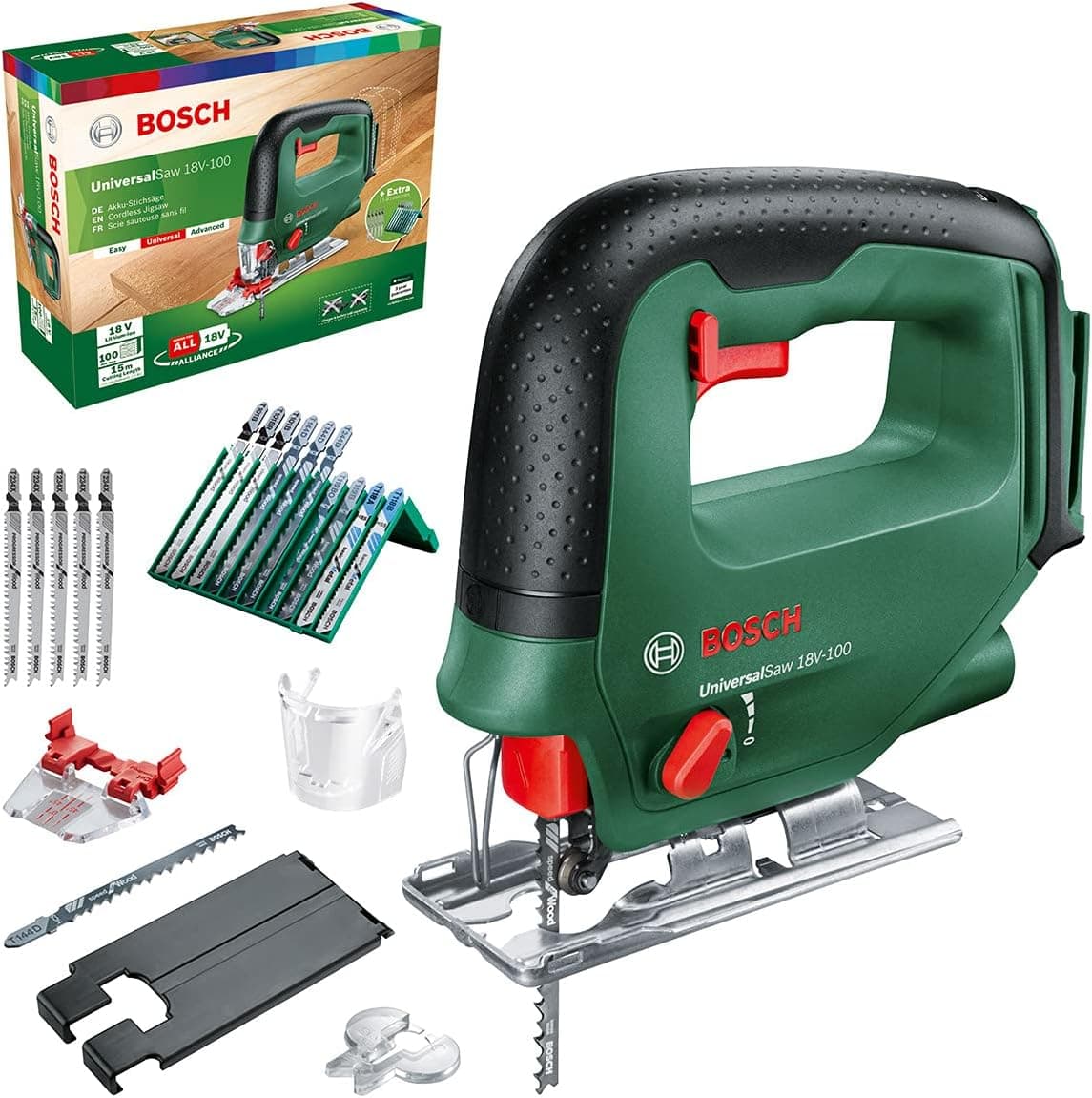 Bosch Home and Garden 0603011101 Bosch UniversalSaw 18V-100 (sem bateria, sistema de 18 V, com conjunto de 15 lâminas de serra de recortes em caixa) – edição da Amazon