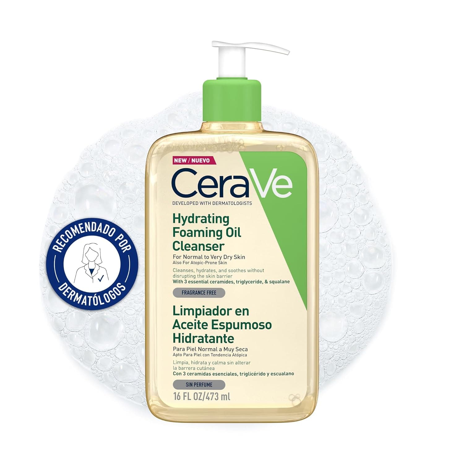 CeraVe Limpador a óleo espumoso hidratante, para peles normais e muito secas, com tendência atópica, para rosto e corpo, limpo e hidratado, enriquecido com ácido hialurónico 473 ml