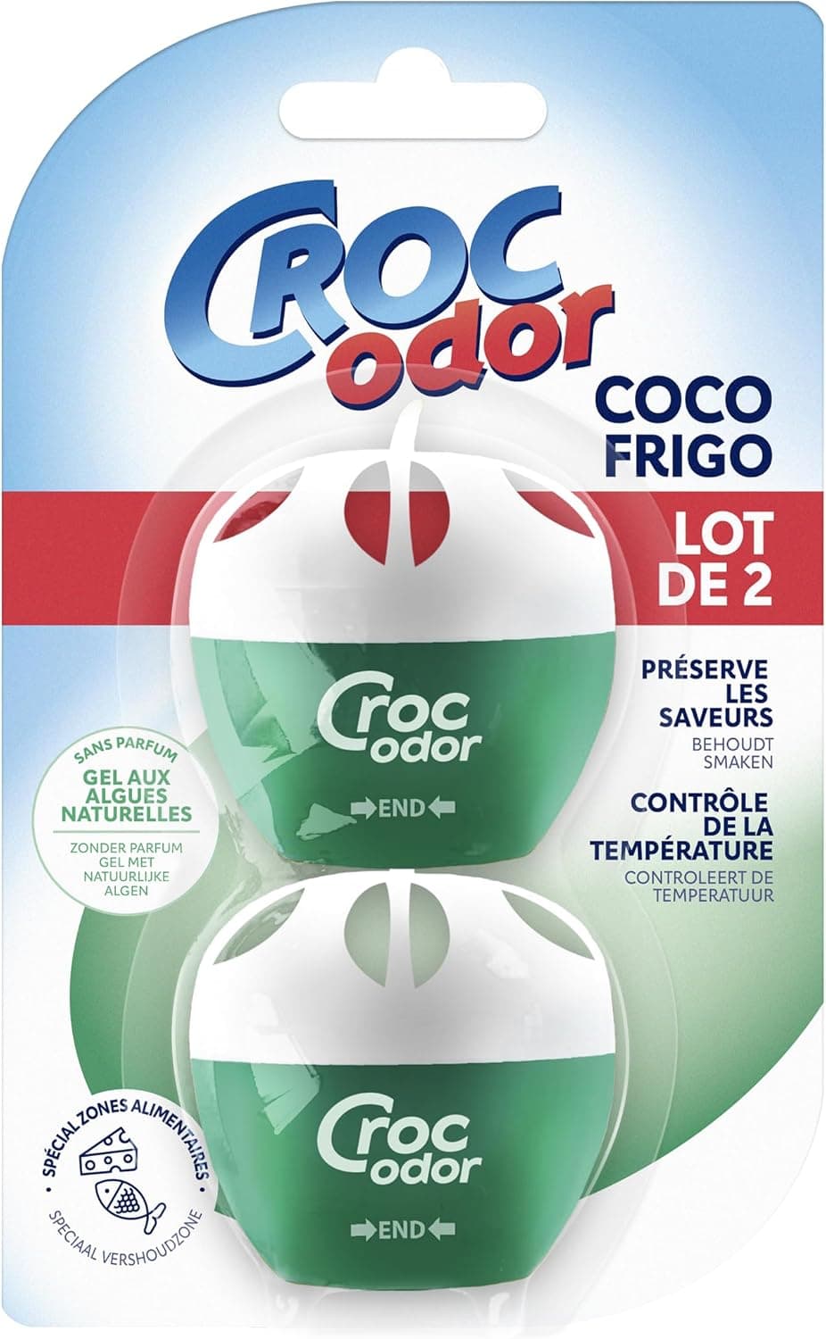 Ambientador para frigorífico Croc Odor, conjunto de dois, sem perfume, seguro para alimentos, com indicador de temperatura, 2 x 33 g, a embalagem pode variar