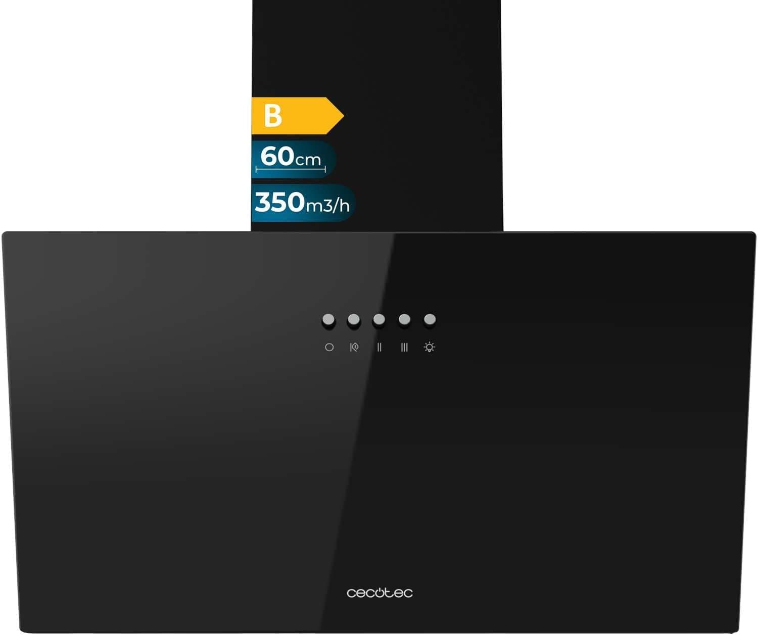 Cecotec Sino decorativo 60 cm Bolero Flux DM 603500 Glass Black B. Motor 65 W, baixo consumo, vidro preto frontal, sucção 350 m3/h, controlo mecânico, 3 níveis de potência, luz e filtro de carbono