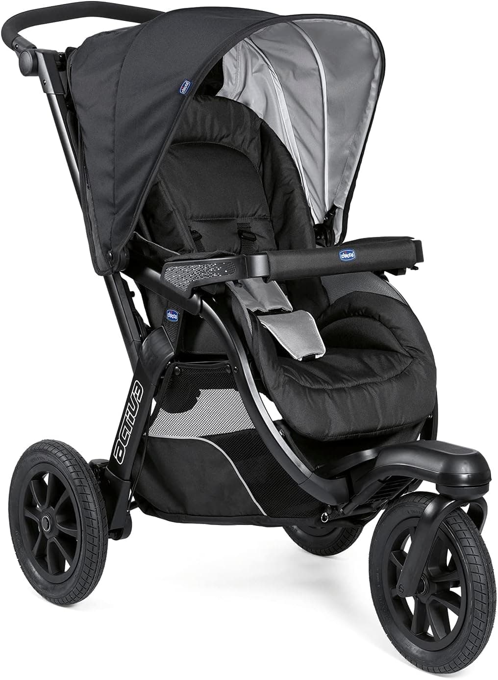 Carrinho Chicco Activ3 com 3 rodas, fácil de conduzir em qualquer terreno, assento largo, encosto ajustável, fecho praktiLECELL, amortecedores ajustáveis, 0 mate +, Jet Black