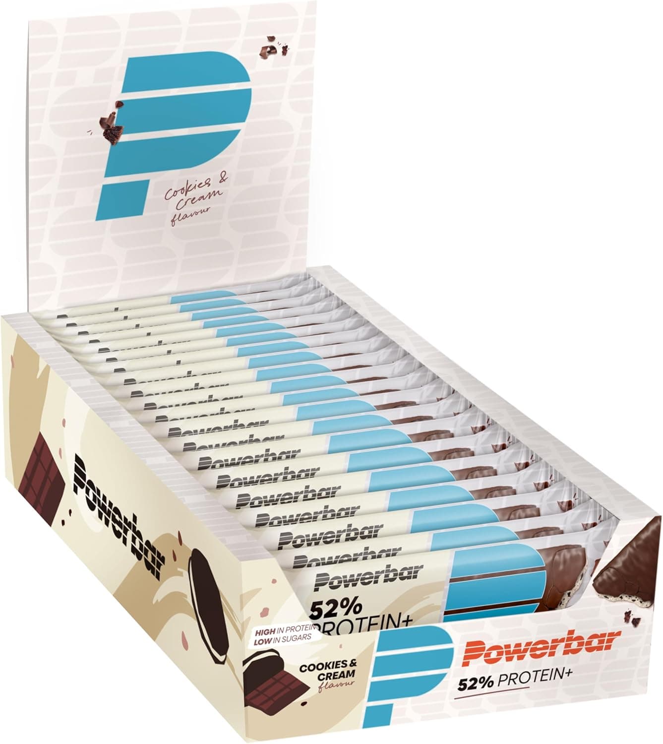PowerBar Protein Plus 52% | 20 barras de proteína cookies & cream com baixo teor de açúcar, 50 g cada