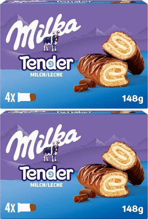 Milka Tender barras de bolo, enchimento com leite e cobertura de chocolate com leite dos alpes, 4 barras, 37 g x2