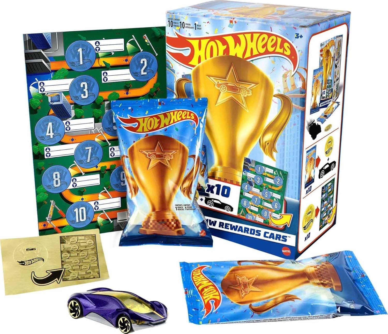 Hot Wheels Caixa com 10 carros de brinquedo surpresa com autocolantes, recompensa para crianças de 5 anos (Mattel HGJ94)